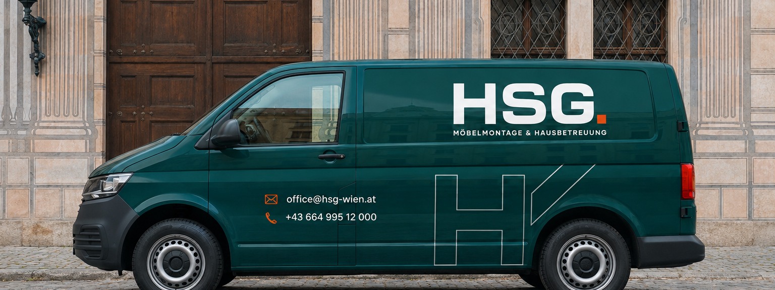 HSG Servicefahrzeug vor einem Wiener Gründerzeithaus, zwei Mitarbeiter beladen den Van